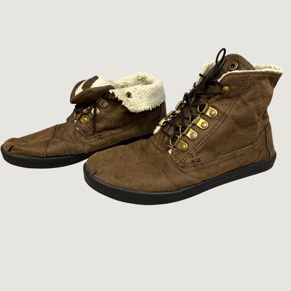 TOMS Nepal Brown Corduroy Faux Shearling Lace Up Fold Over Boots Womens 9M
